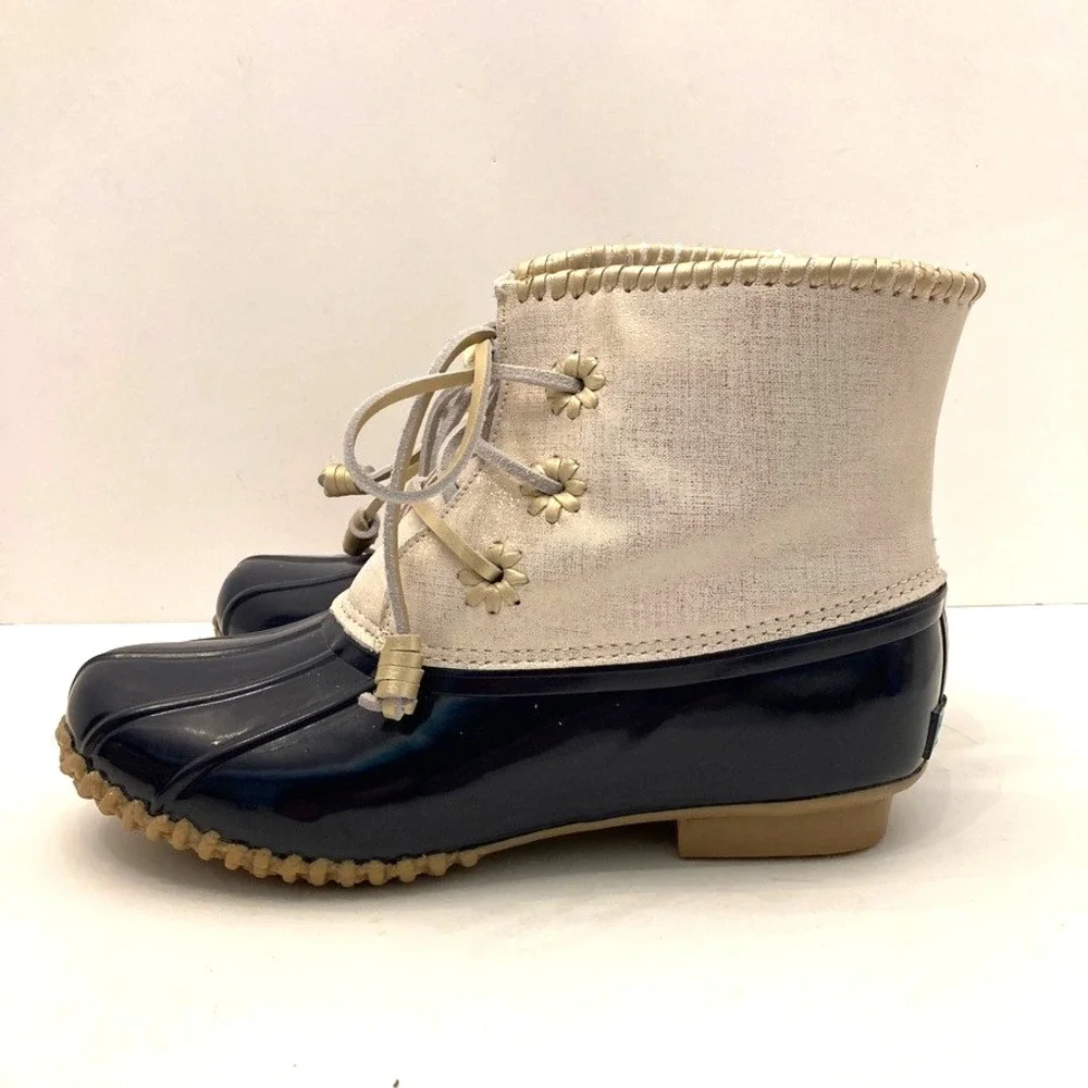 Jack Rogers Womens 9 Chloe Boots Gold Metallic Leather‎ Navy Duck Rain Winter